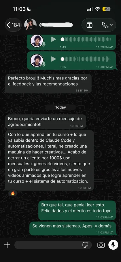 Testimonio de alumno en el grupo de WhatsApp 18